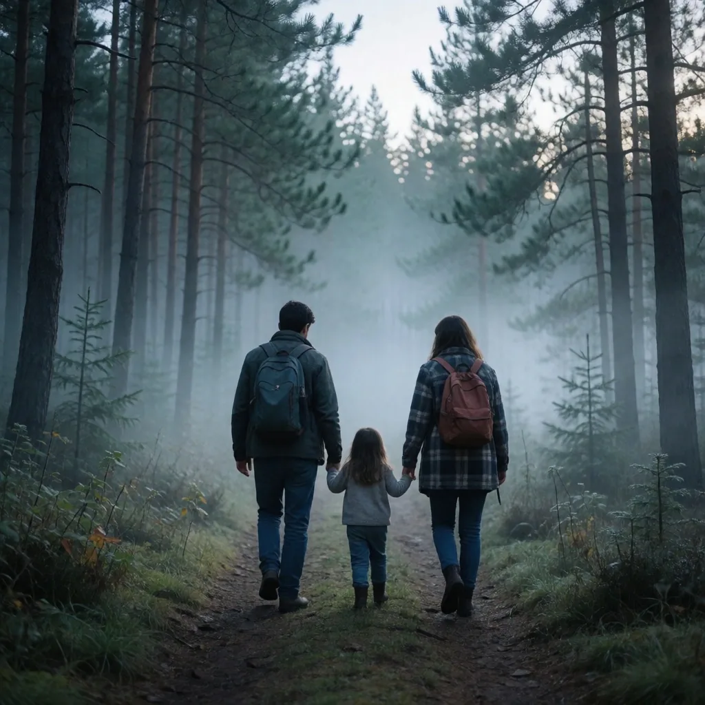 Familia caminando por un bosque canadiense al amanecer