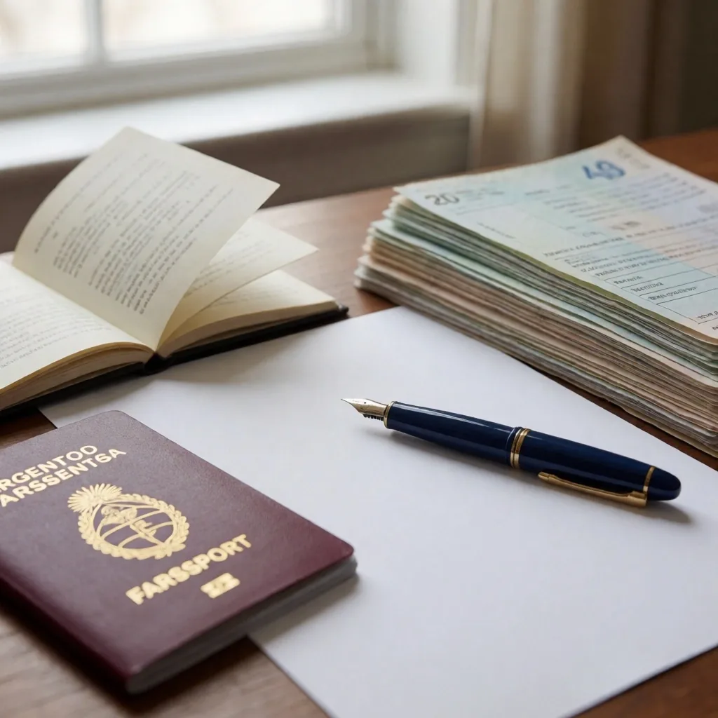 Escritorio con documentos y pasaporte para solicitud de visa