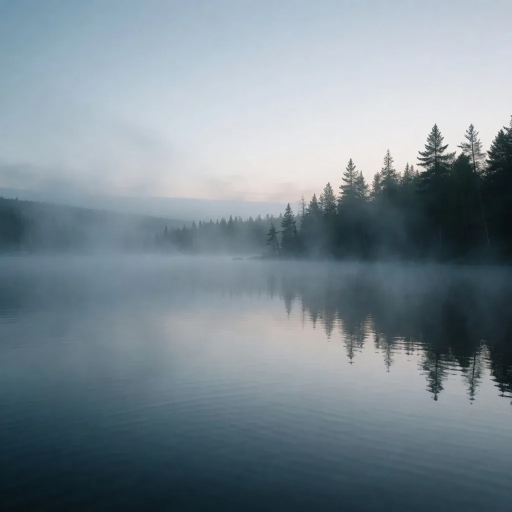 Amanecer sobre un lago canadiense con niebla matinal