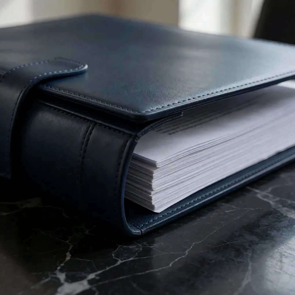 Carpeta de documentos de consulta sobre escritorio de mármol