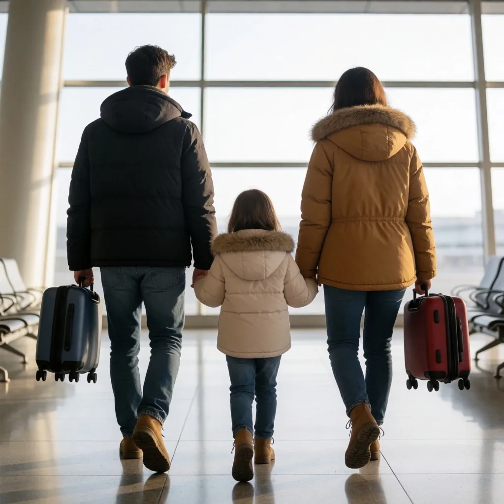 Familia caminando hacia ventanas del aeropuerto