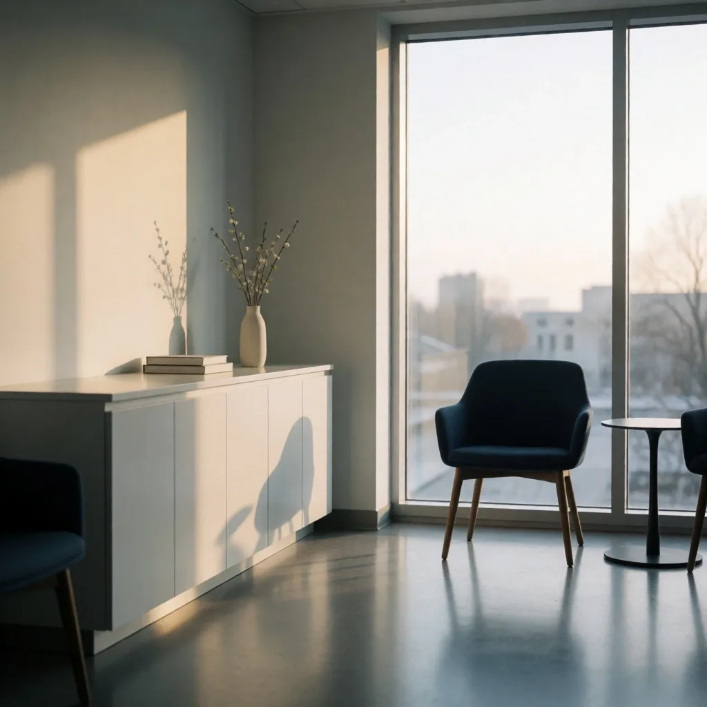 Sala de espera de una embajada canadiense con luz matutina