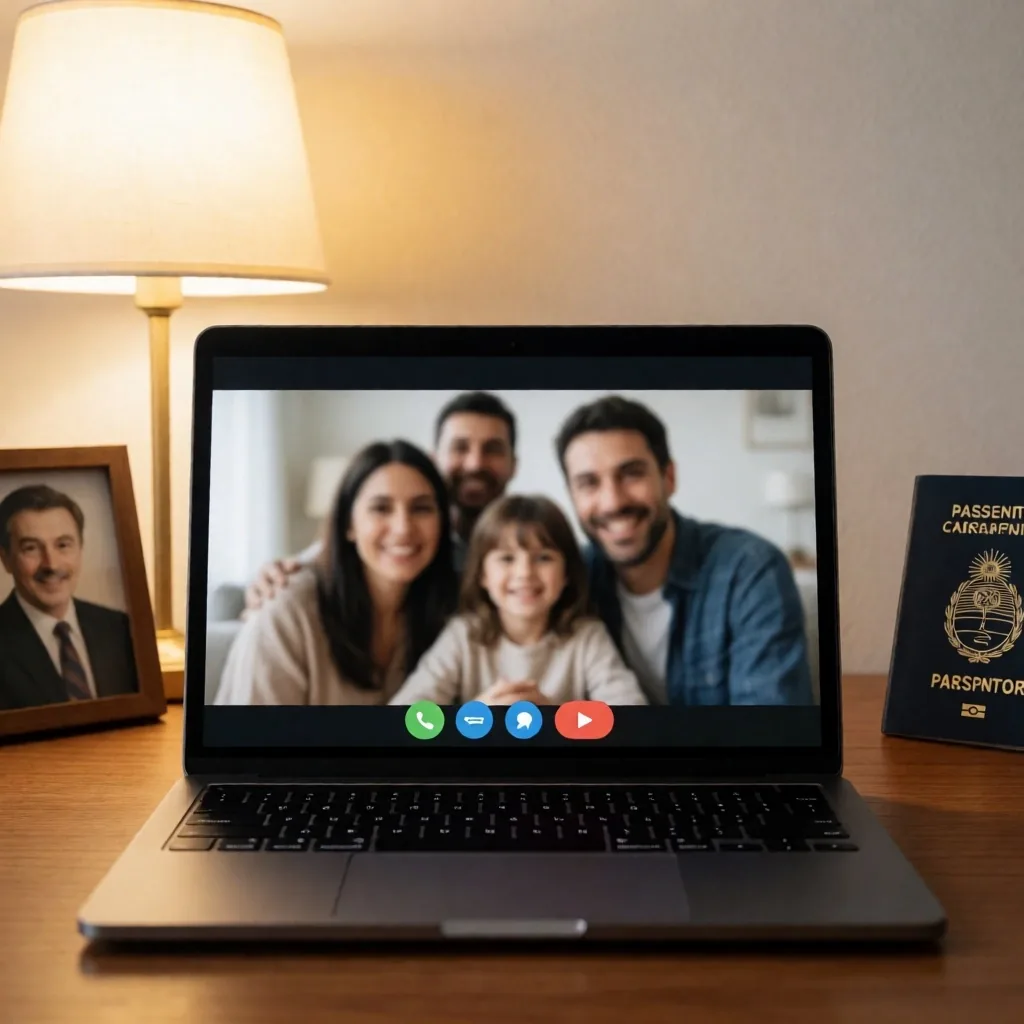 Escritorio de consultoría con videollamada y documentos familiares