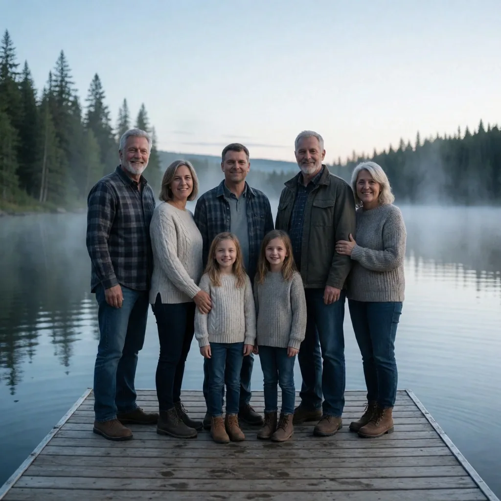 Familia contemplando un lago canadiense al amanecer