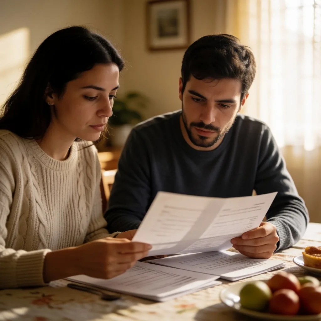 Pareja argentina revisando documentos de patrocinio