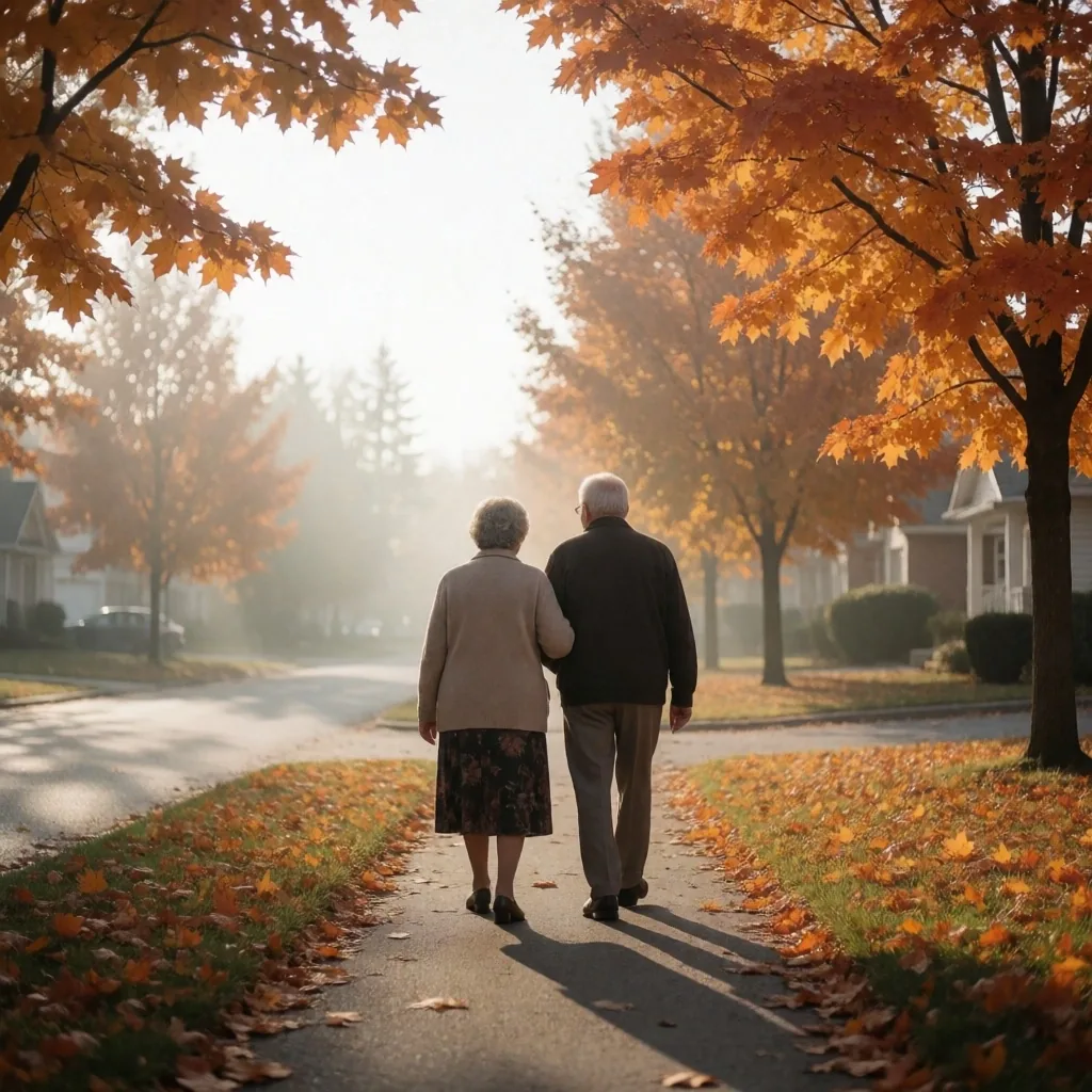 Pareja mayor caminando por un barrio canadiense