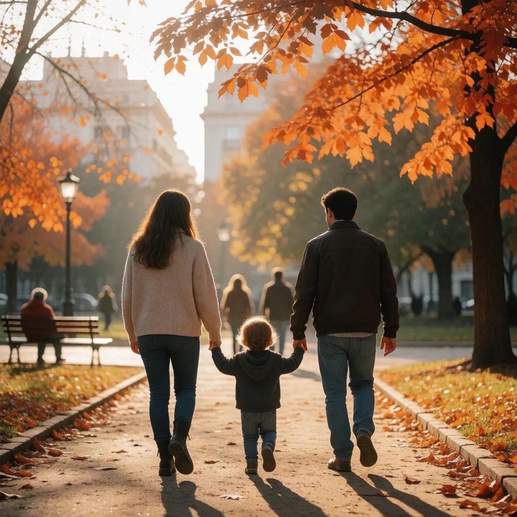 Familia caminando por un parque